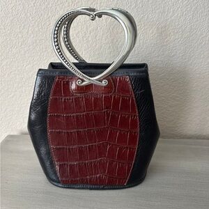 Vintage Brighton Black and Brown Leathe Croc-Embossed Mini Bag with Heart Handle